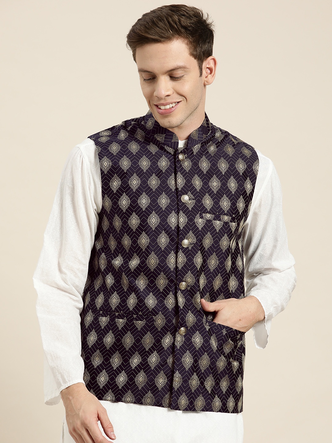 

SOJANYA Men Navy Blue & Golden Ethnic Motifs Jacquard Woven Design Nehru Jacket