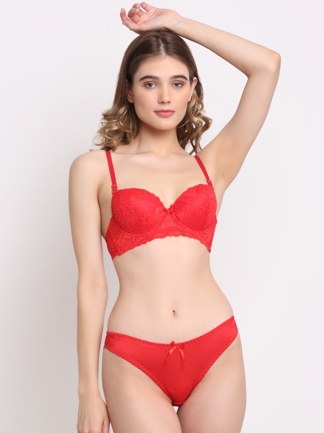 

Laceandme Women Red Solid Lace Lingerie Set