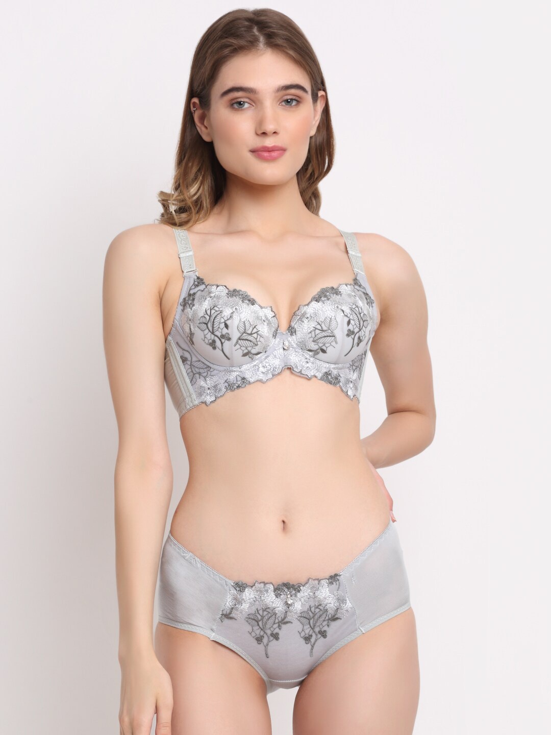 

Laceandme Women Grey Embroidered Padded Lingerie Set
