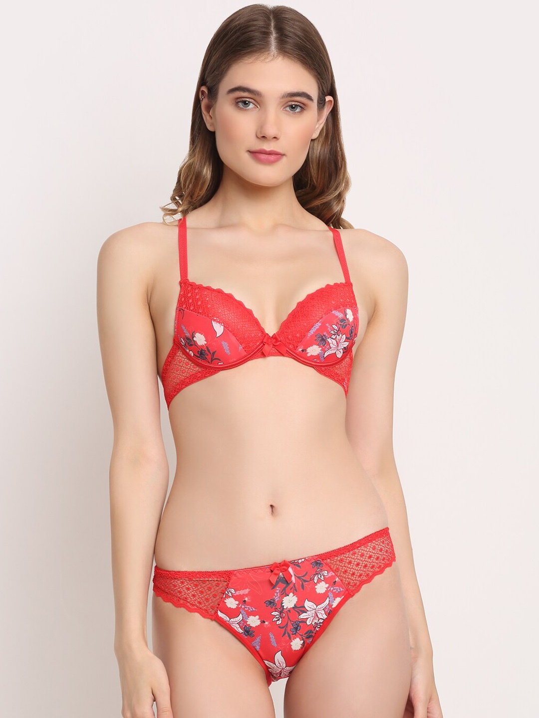 

Laceandme Women Crimson Red Criss Cross Lacy Back Lightly Pushup Padded Underwired Lingerie Set LM1141