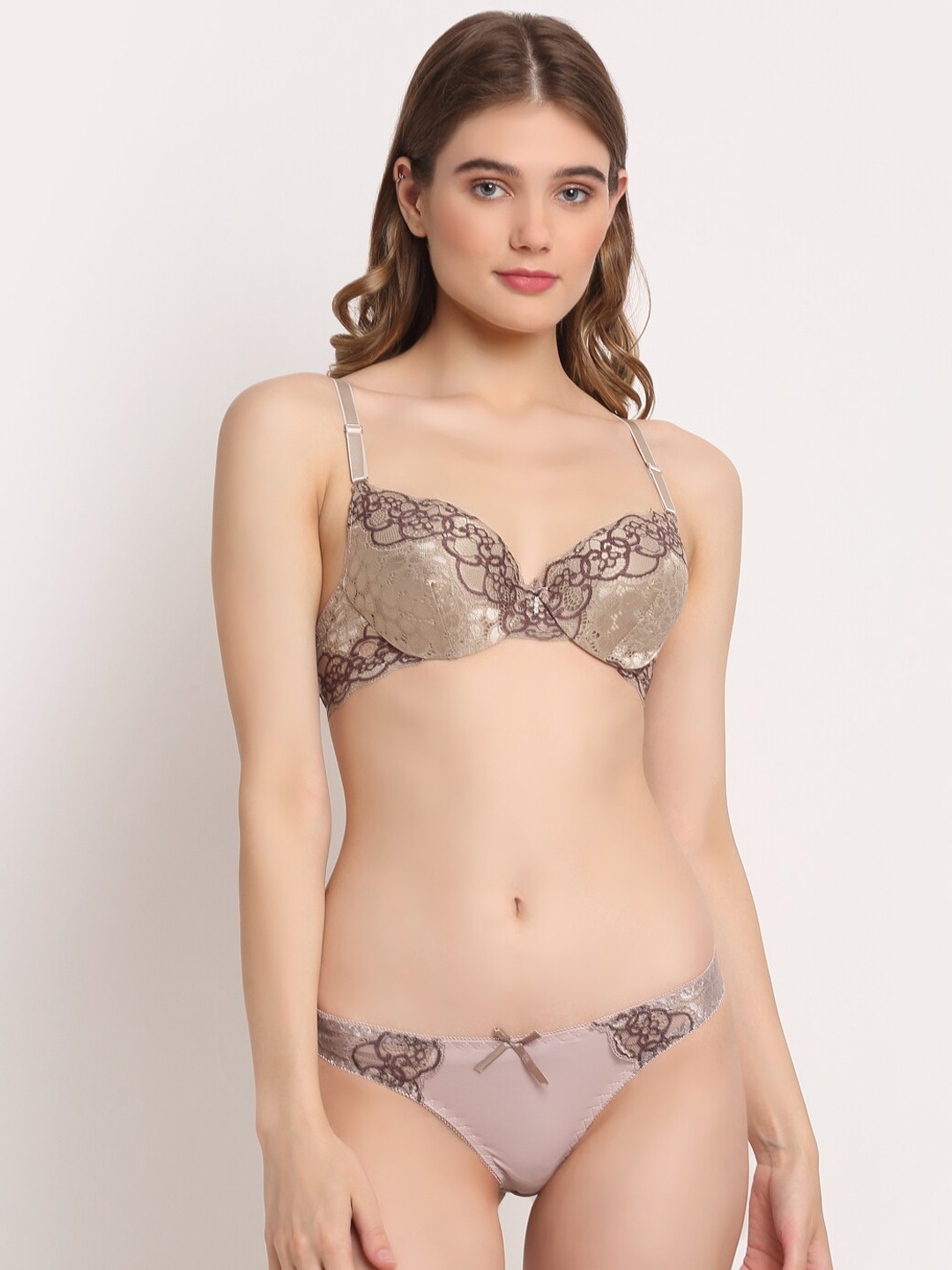 

Laceandme Women Taupe & Brown Embroidered Lingerie Set LM1117