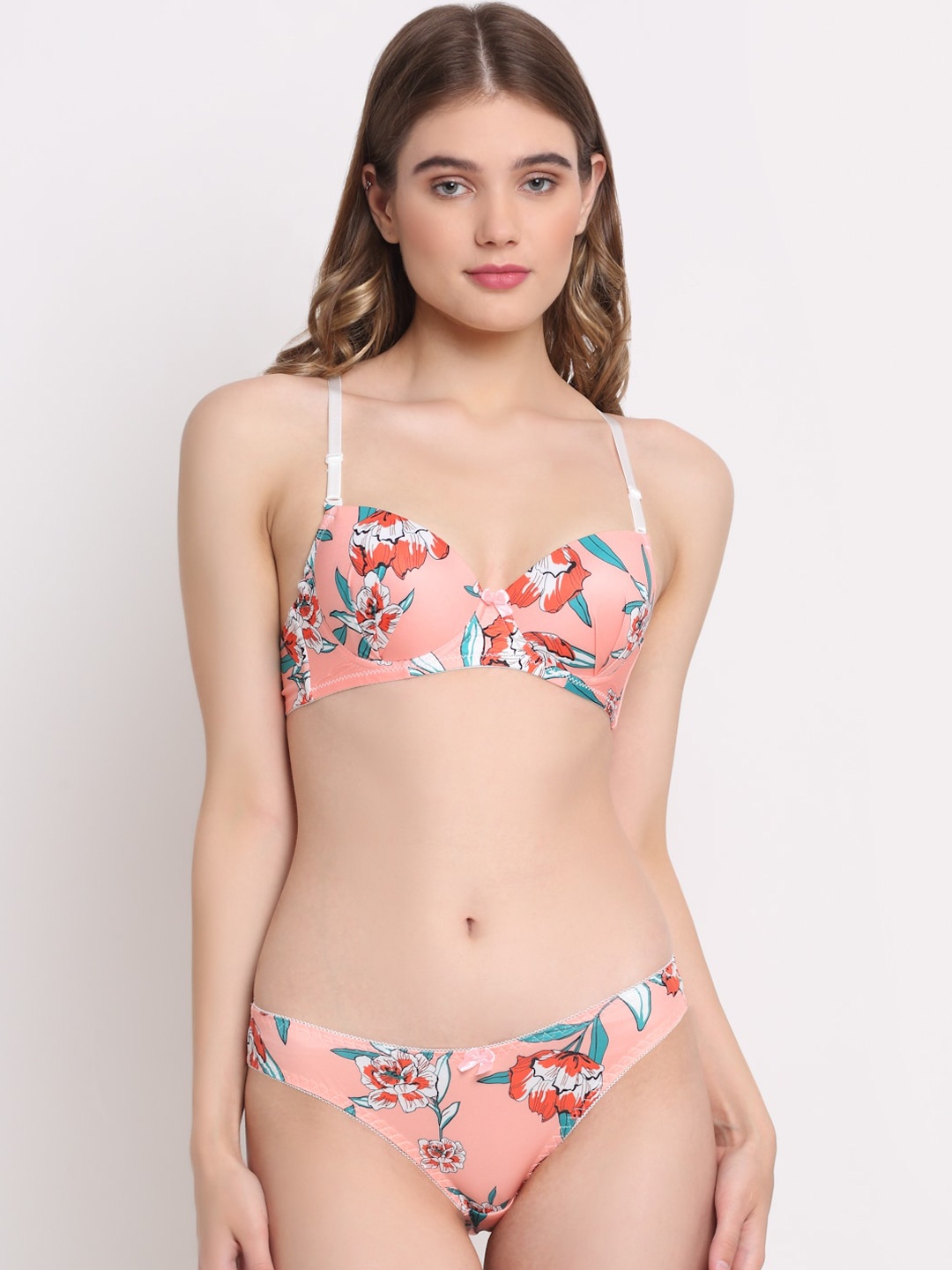 

Laceandme Women Peach-Colored Printed Lingerie Set