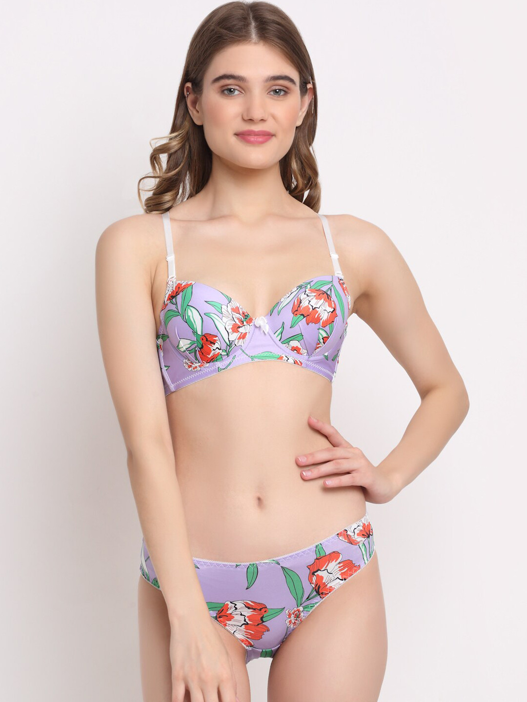 

Laceandme Purple Floral Printed Cotton lingerie Set, Multi