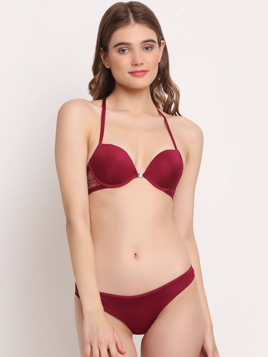 

Laceandme Women Maroon Lace Halter-Neck Lingerie Set