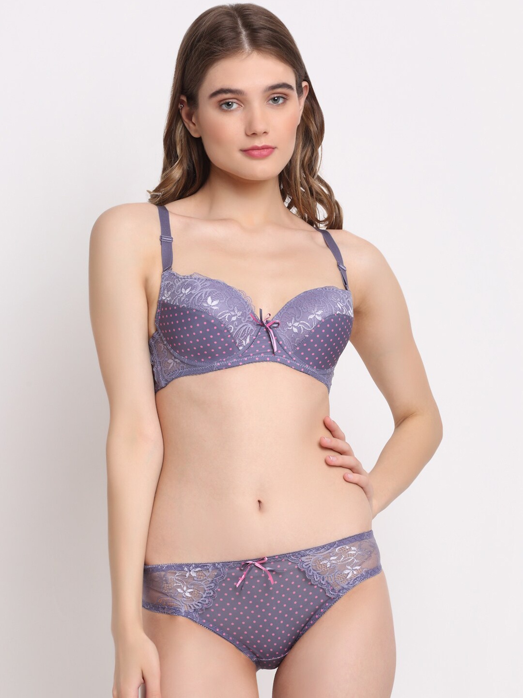 

Laceandme Women Purple Self Design Lingerie Set