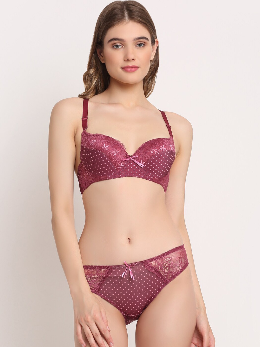 

Laceandme Women Fuchsia Polka Dots Printed Lingerie Set LM1138