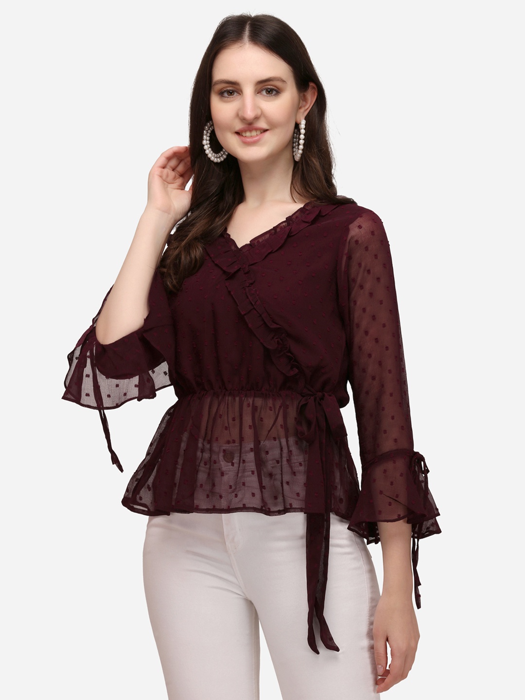 

Berrylicious Purple & chocolate brown Ruffles Georgette Empire Top