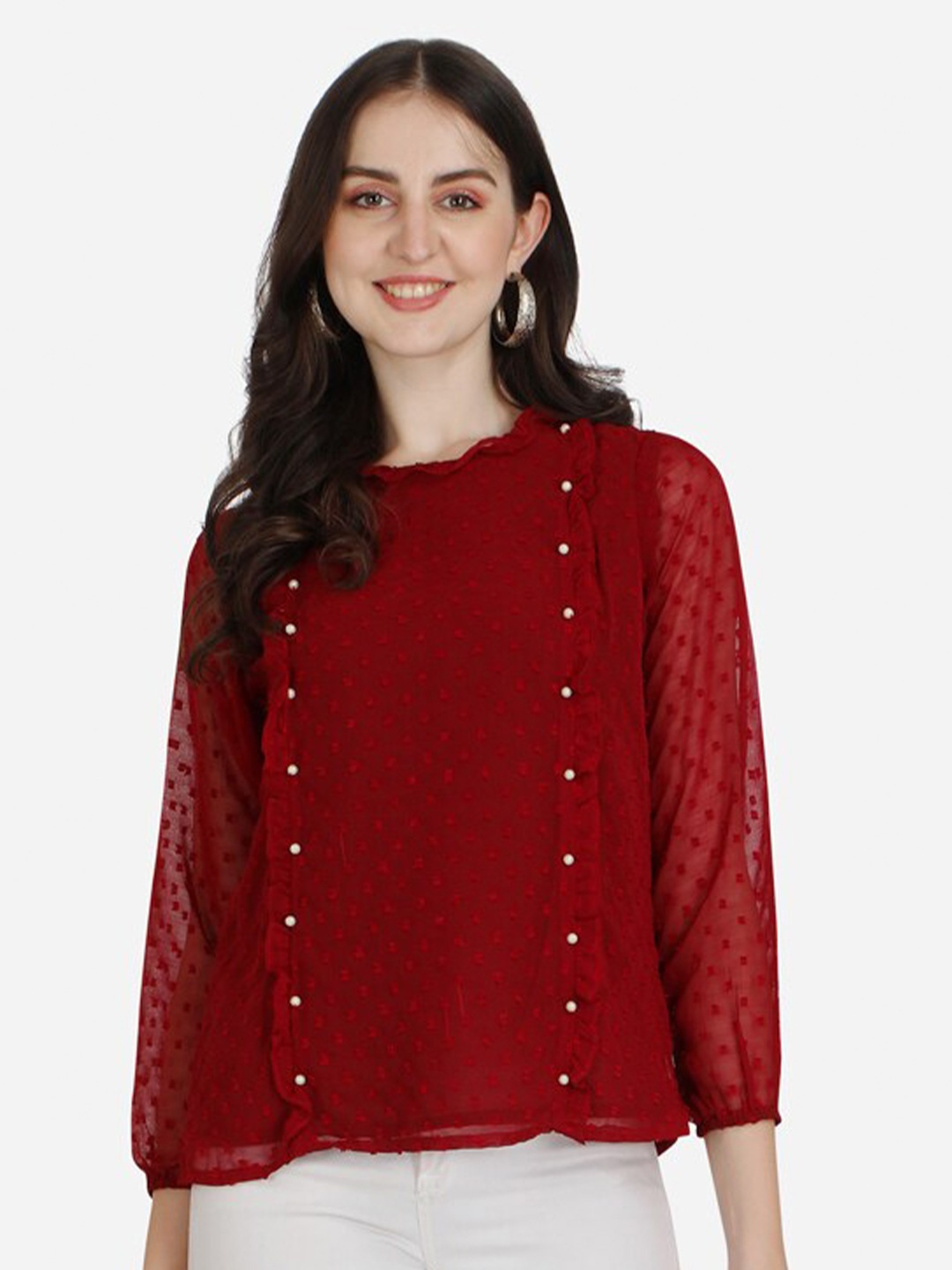 

Berrylicious Women Maroon Pearl Embellished Georgette Top