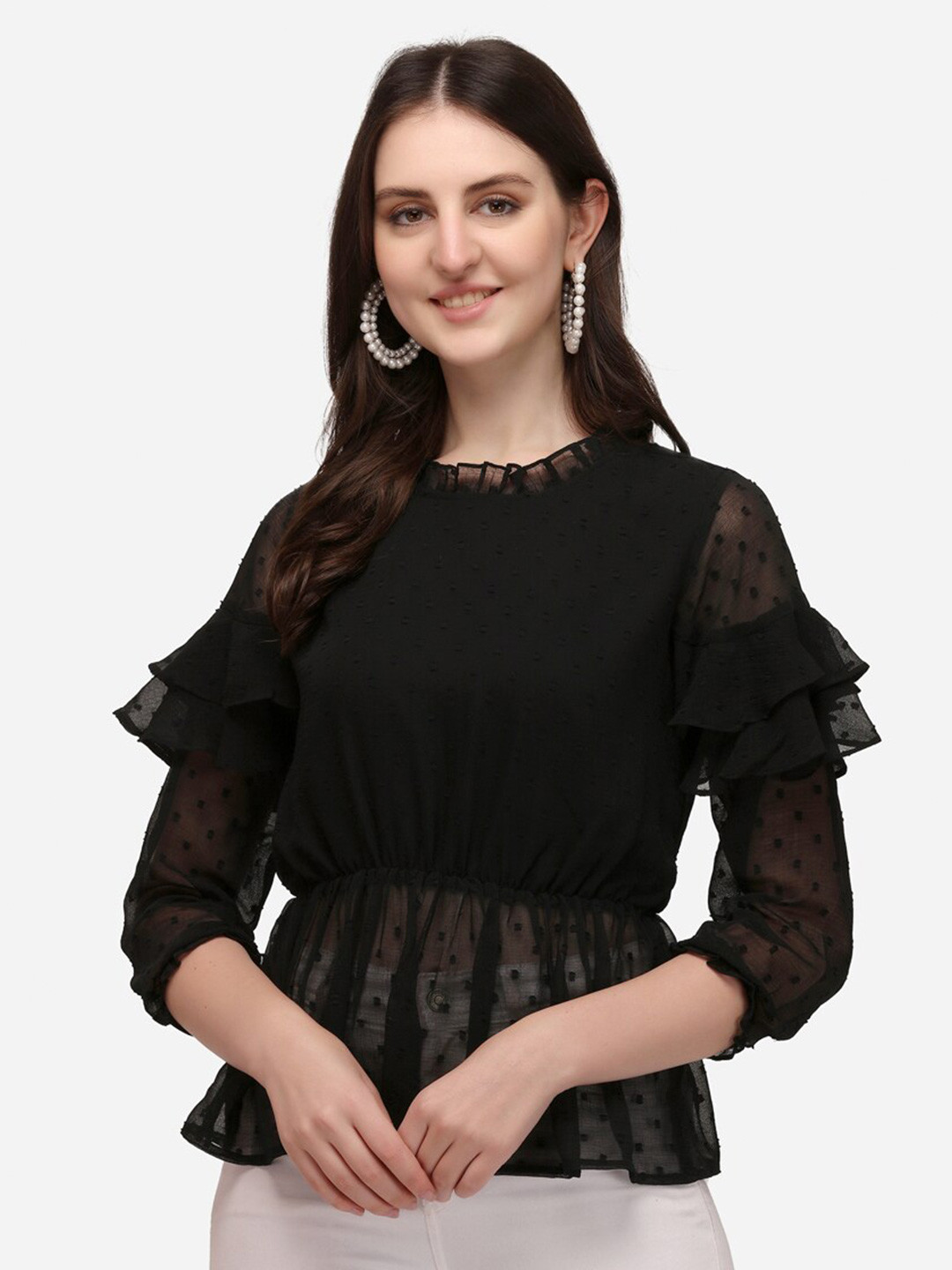 

Berrylicious Women Black Ruffles Georgette Peplum Top