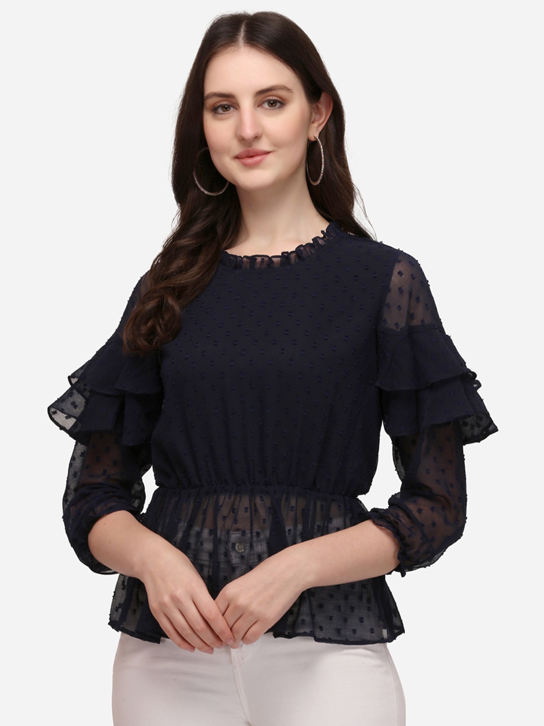 

Berrylicious Navy Blue Ruffles Georgette Cinched Waist Top