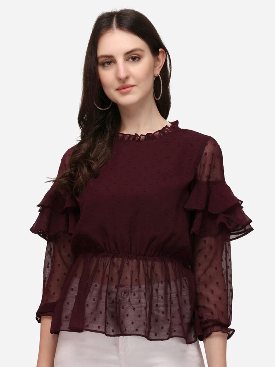 

Berrylicious Purple Ruffles Georgette Cinched Waist Top