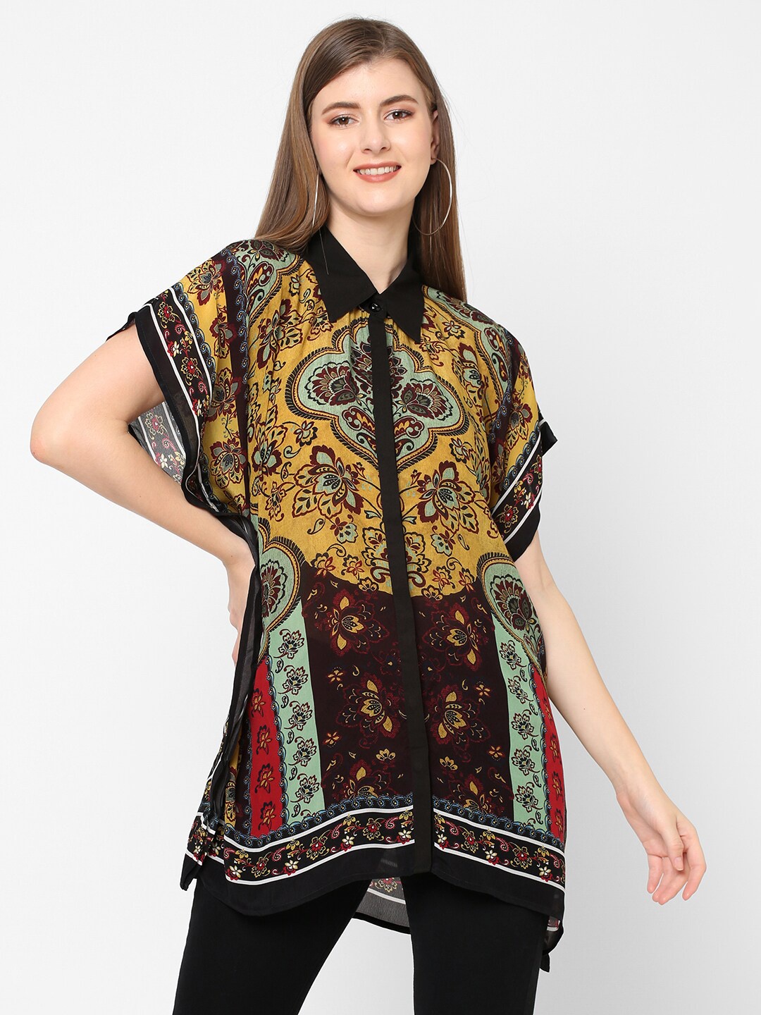 

Cloth Haus India Yellow & Black Shirt Collar Printed Tunic