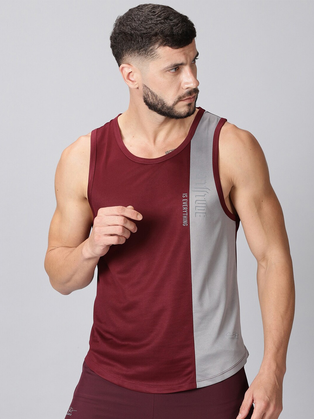 

ATTIITUDE Men Maroon & Grey Colourblocked Dri-FIT T-shirt