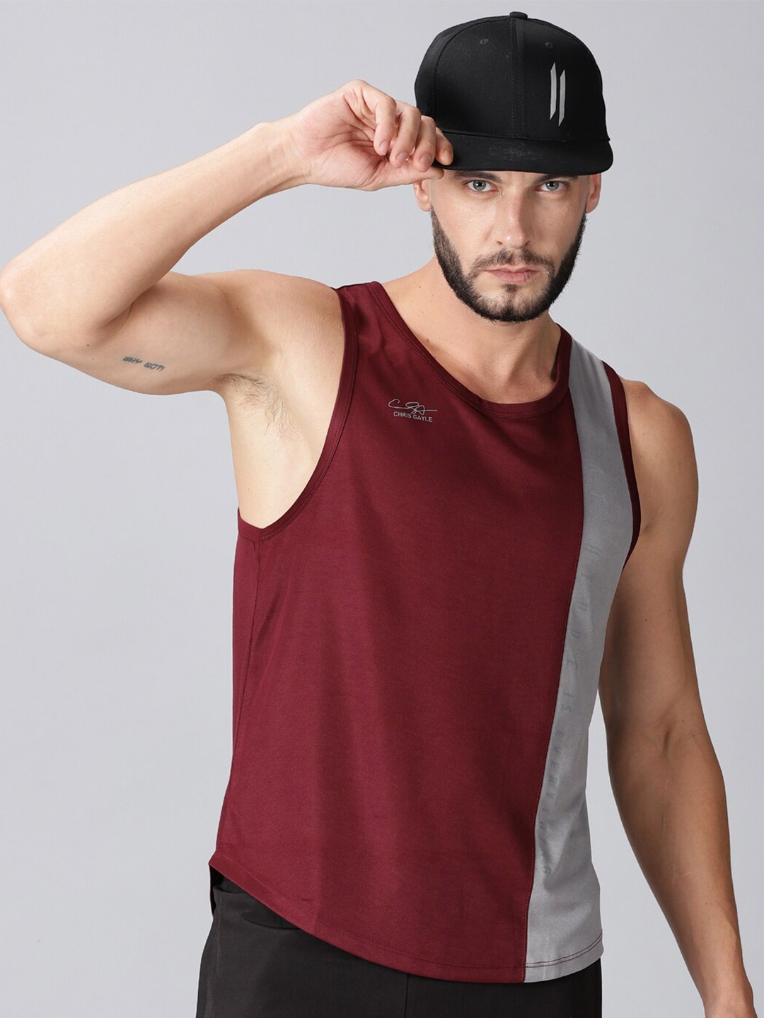 

ATTIITUDE Men Maroon & Grey Colourblocked Dri-FIT T-shirt