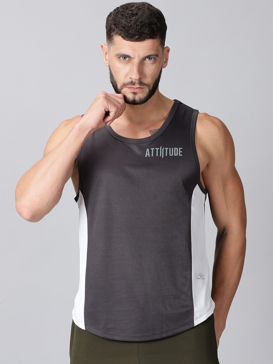 

ATTIITUDE Men Charcoal & White Typography Dri-FIT Applique T-shirt