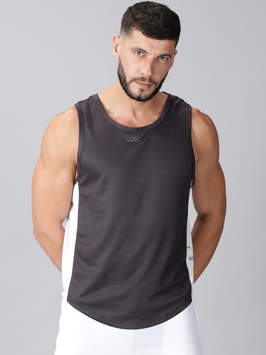 

ATTIITUDE Men Charcoal Colourblocked Dri-FIT Raw Edge T-shirt