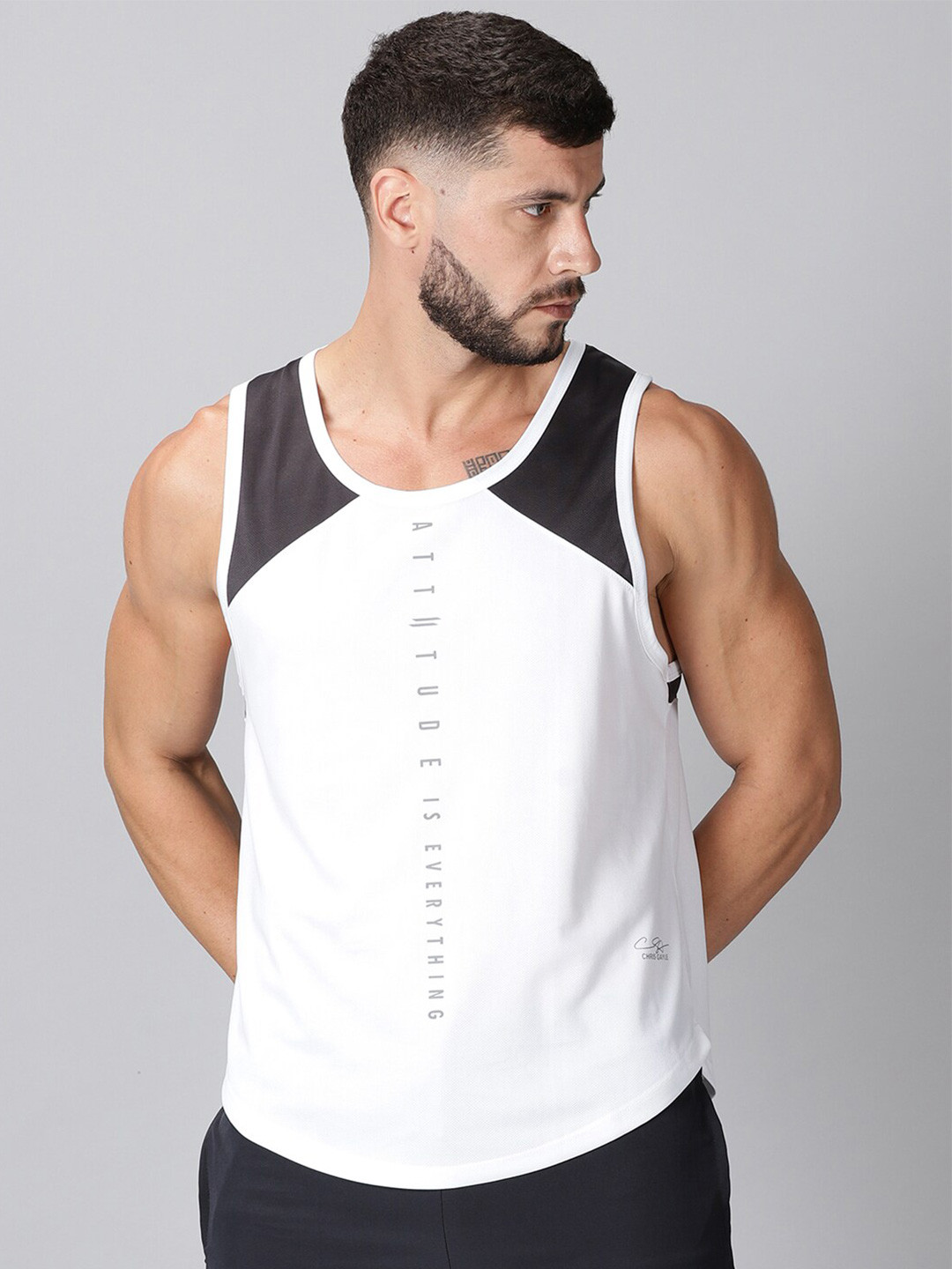 

ATTIITUDE Men White & Black Typography Sleeveless Gym Dri-FIT T-shirt