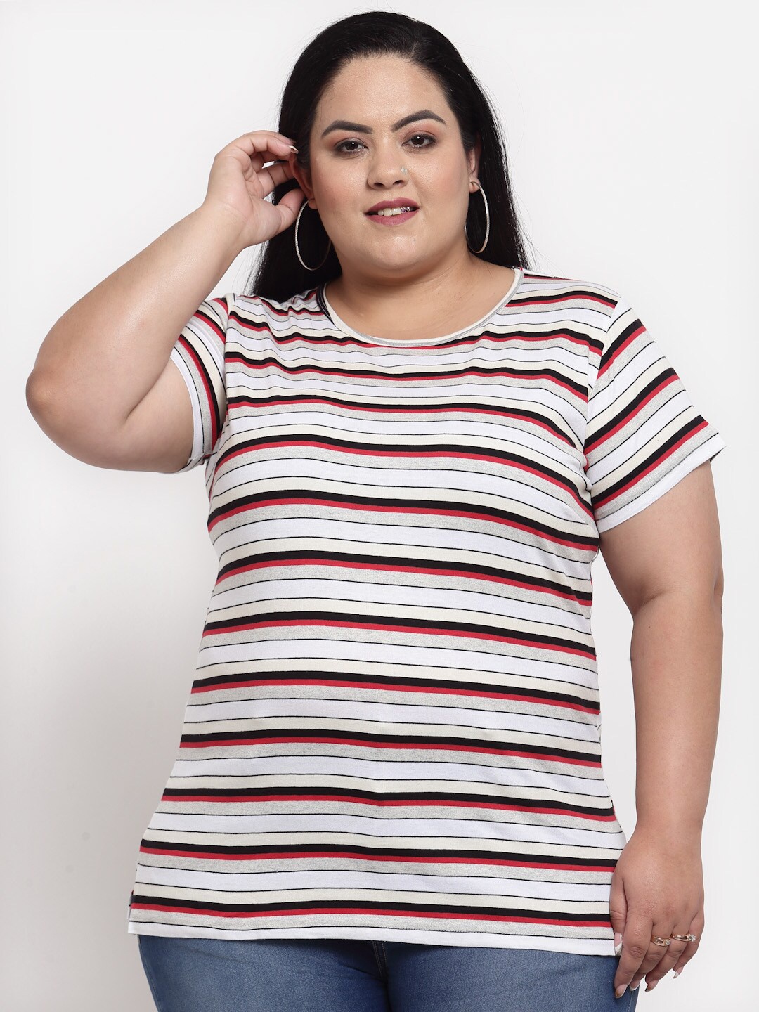 

plusS Women Plus Size White & Black Striped Extended Sleeves Cotton T-shirt