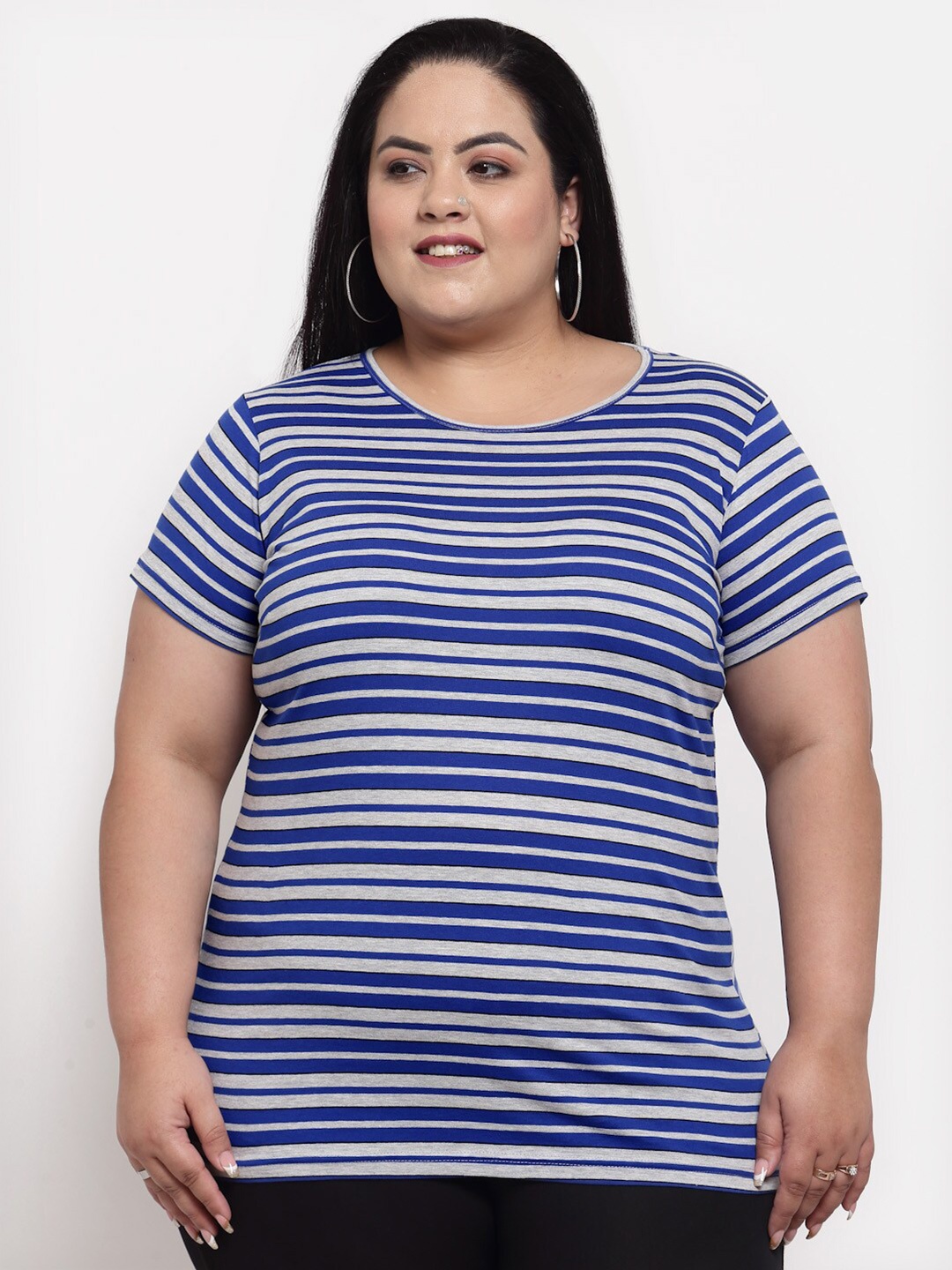 

plusS Women Plus Size Blue Striped T-shirt