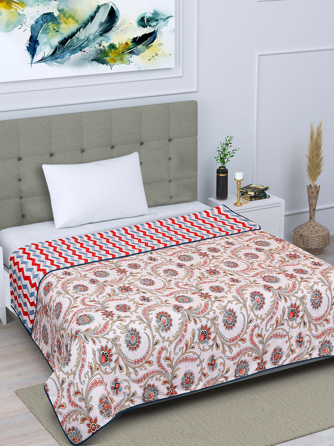 

ROMEE Cream-Coloured & Red Printed AC Room 300 GSM Reversible Single Bed Dohar