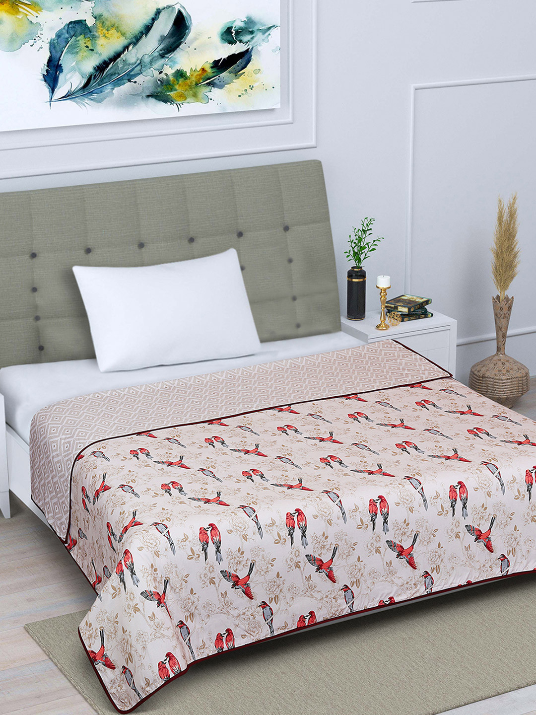 

ROMEE Cream-Coloured & Red Printed AC Room 300 GSM Reversible Single Bed Dohar