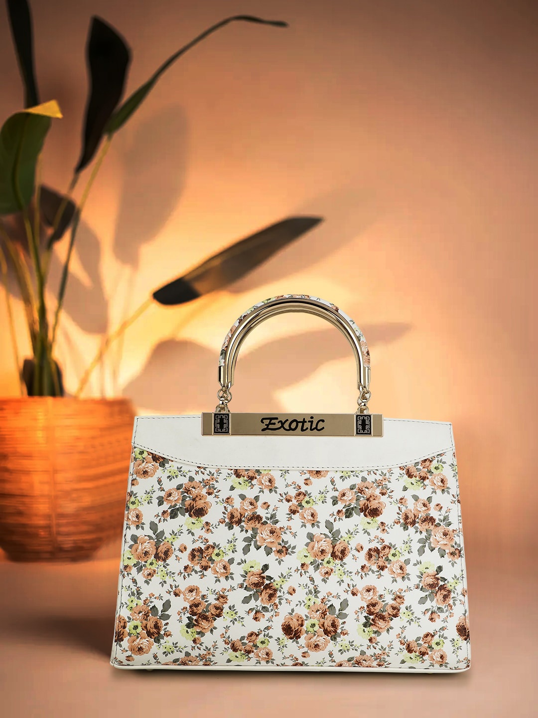 

Exotic White Floral Printed PU Structured Handheld Bag
