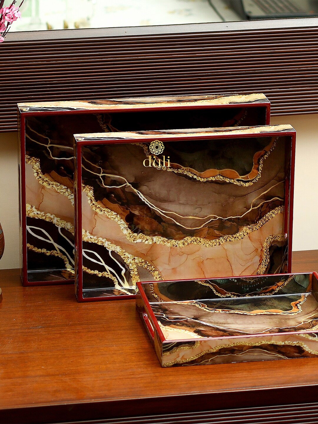 

DULI Set Of 3 Rust-Colored Printed Wooden Trays