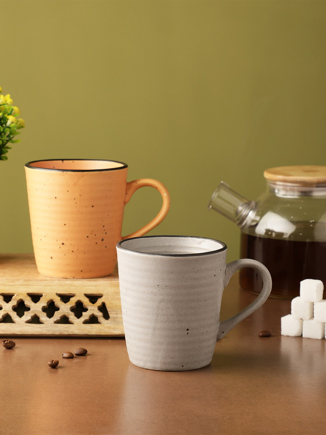 

The Decor Mart Yellow & Green Set Of 2 Textured Ceramic Matte Mugs 300 ML