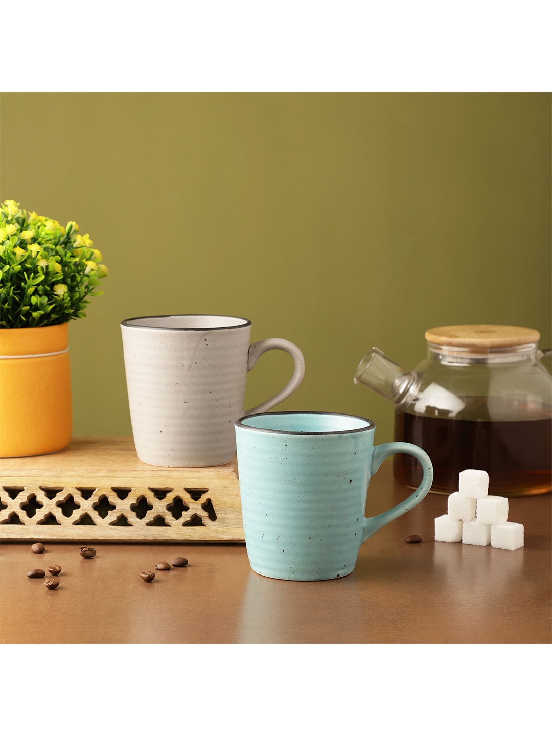 

The Decor Mart Grey & Blue Set Of 2 Textured Ceramic Matte Mugs 300 ML Each