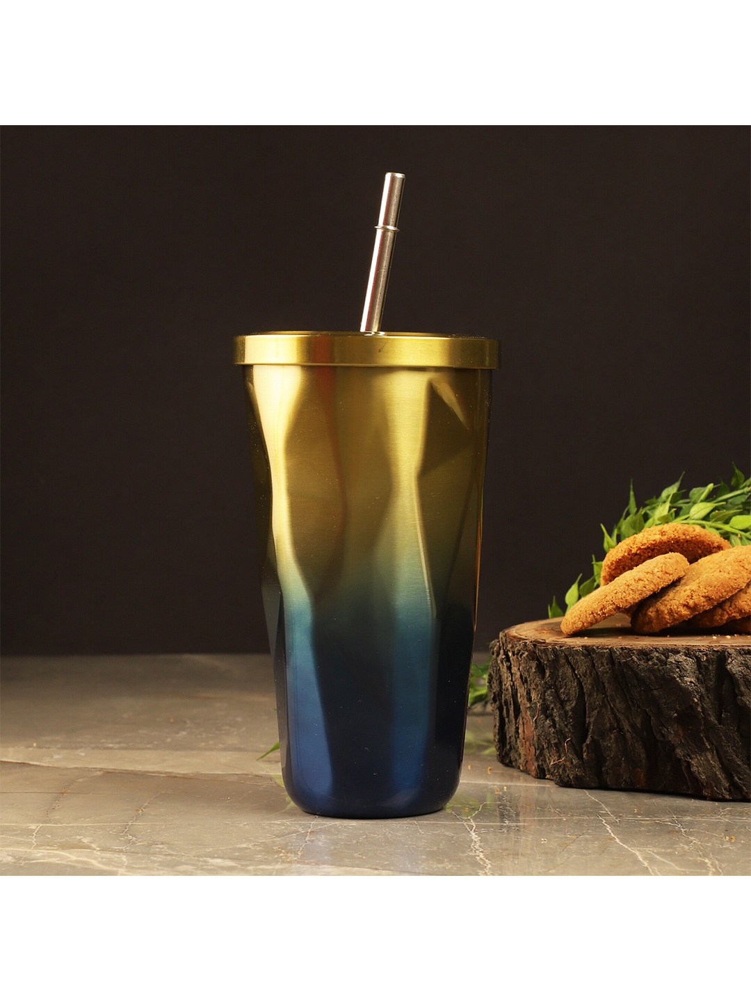 

The Decor Mart Gold-Toned & Teal Stainless Steel Glossy Mug With Straw
