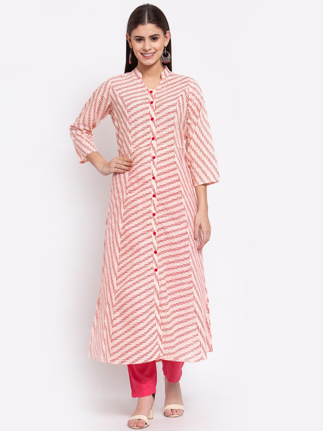 

FabbibaPrints Women Pink Striped Flared Sleeves Cotton Kurta