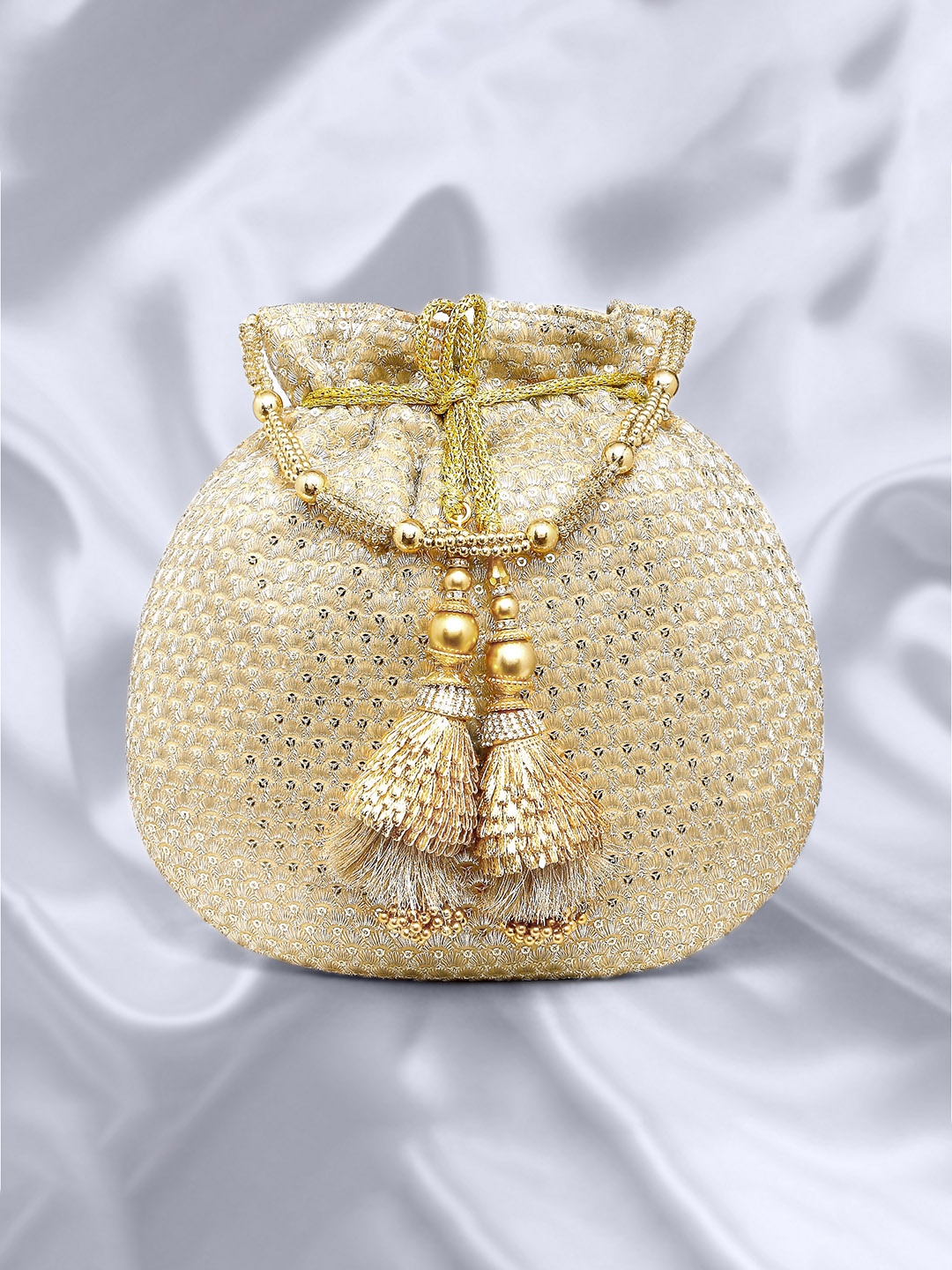 

Peora Cream-Coloured & Gold-Toned Embellished Tasselled Potli Clutch