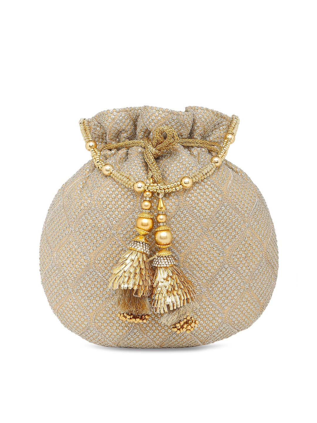 

Peora Cream-Coloured & Gold-Toned Embellished Tasselled Potli Clutch