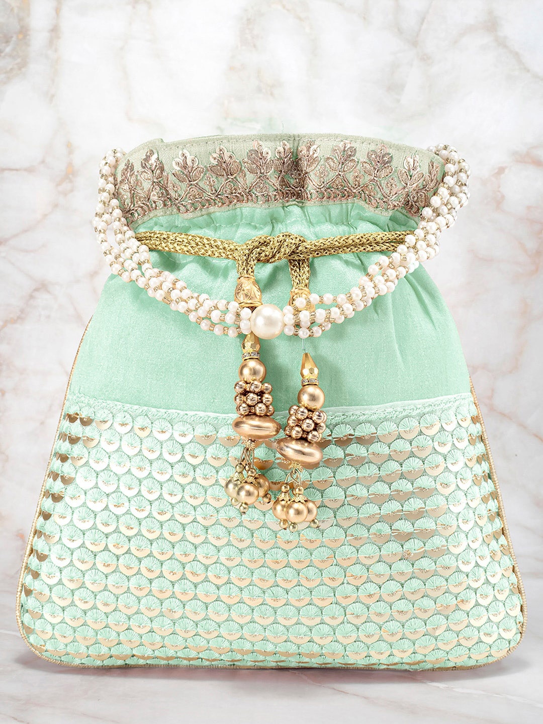 

Peora Sea Green & Gold-Toned Embellished Potli Clutch