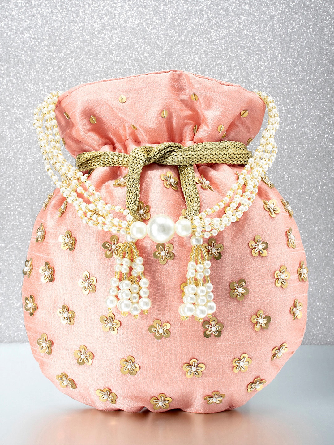 

Peora Peach-Coloured & White Embroidered Embellished Potli Clutch