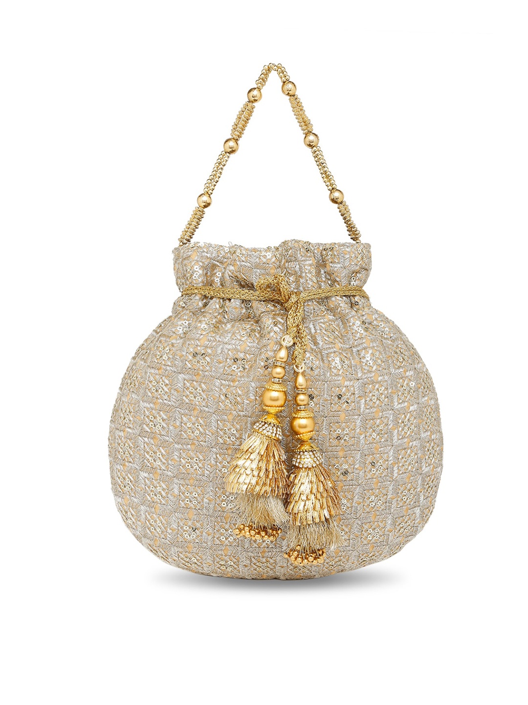 

Peora Cream-Coloured & Gold-Toned Textured Potli Clutch