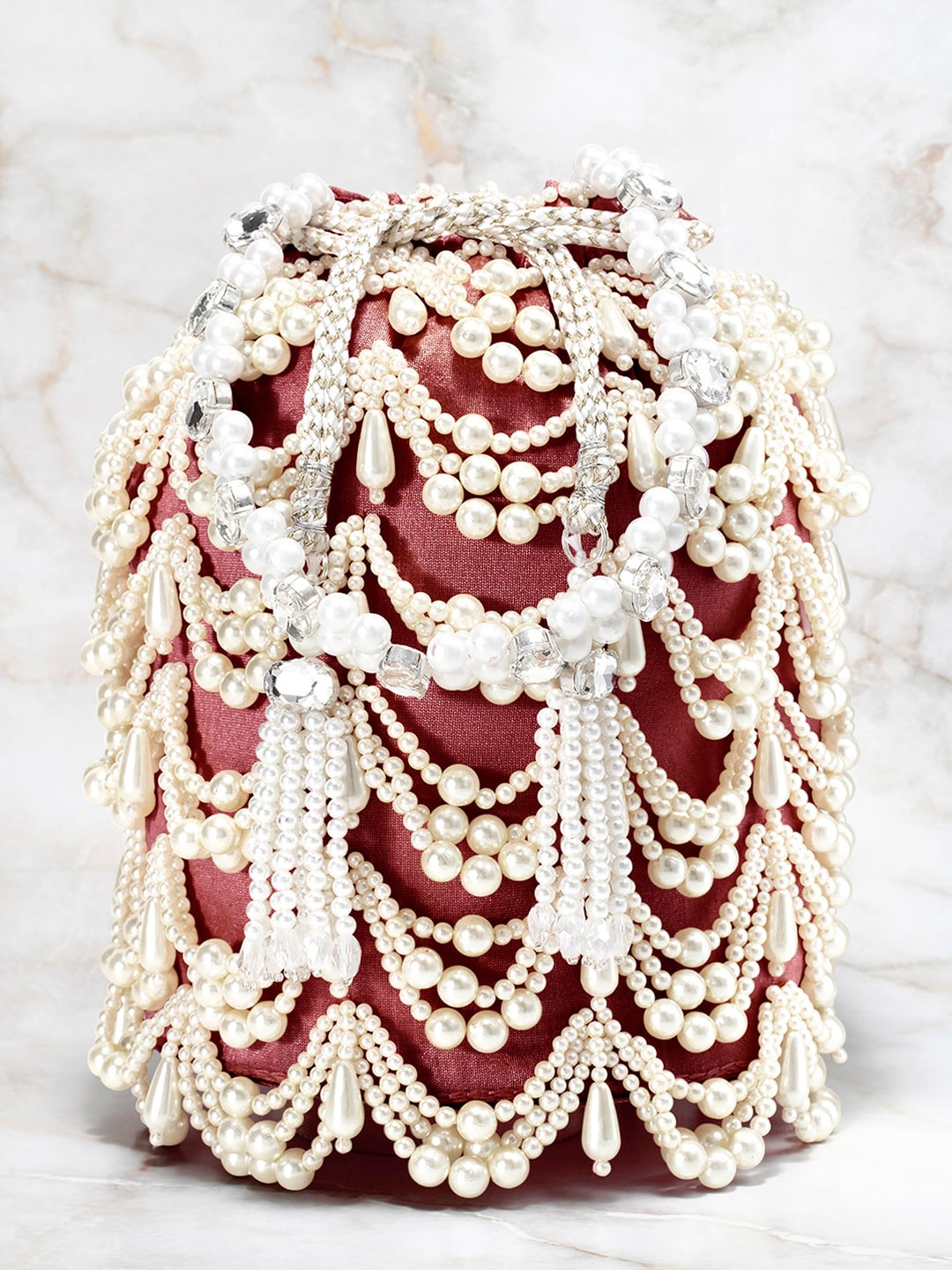 

Peora Maroon & White Embellished Potli Clutch