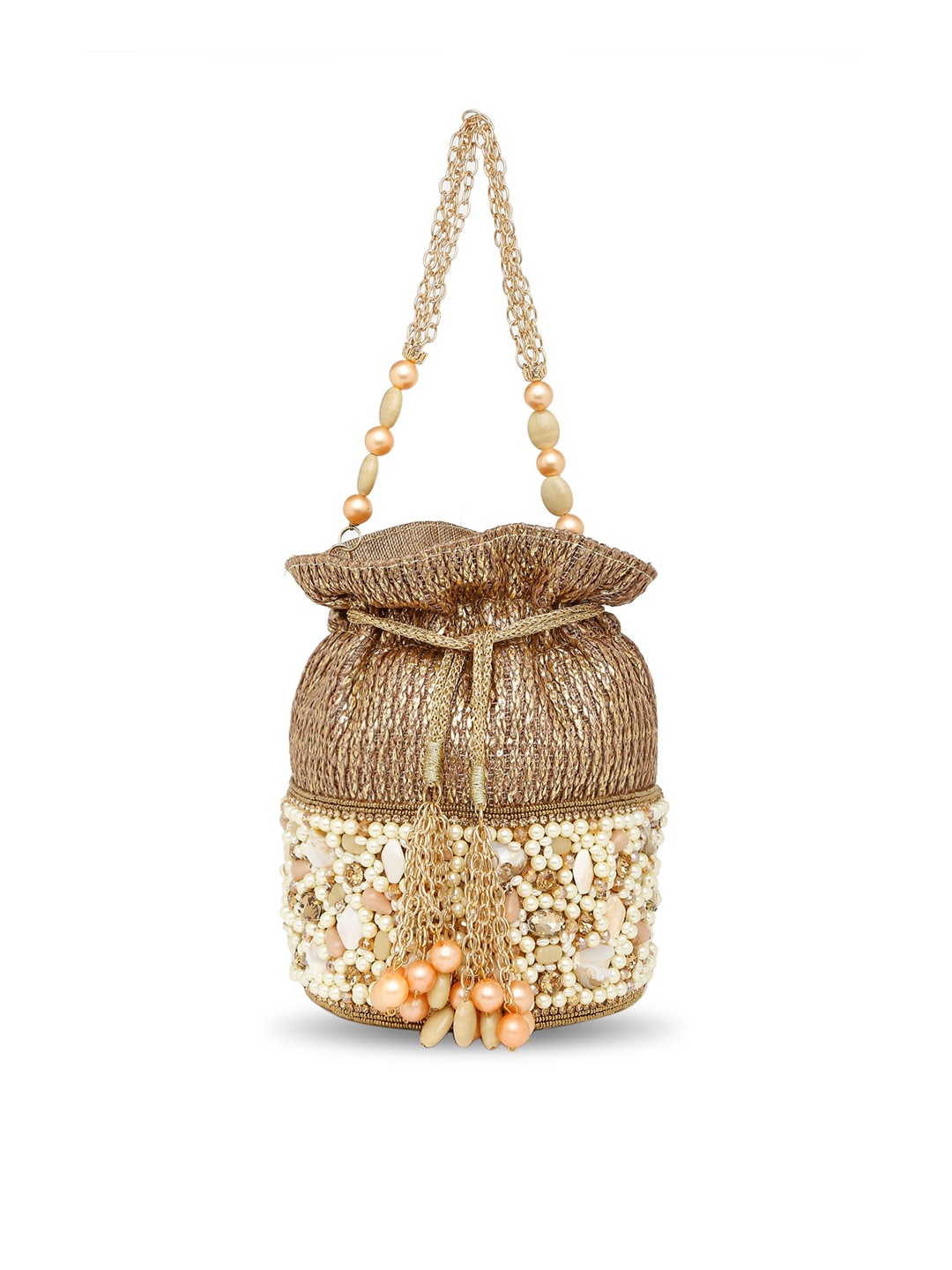 

Peora Rose Gold & White Embellished Tasselled Potli Clutch