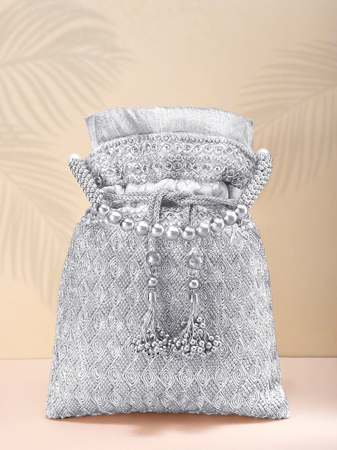 

Peora Silver-Toned Embellished Tasselled Potli Clutch