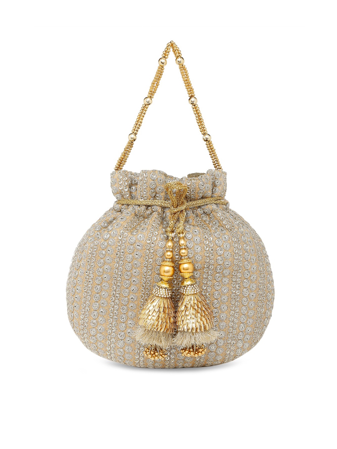 

Peora Gold-Toned & Cream-Coloured Embellished Tasselled Potli Clutch