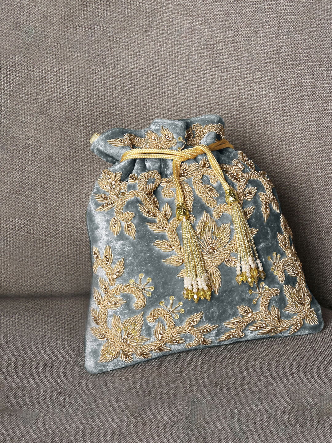 

Peora Grey & Gold-Toned Embroidered Tasselled Potli Clutch
