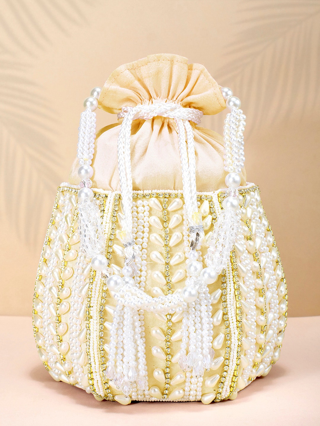 

Peora Gold-Toned & White Embellished Tasselled Potli Clutch