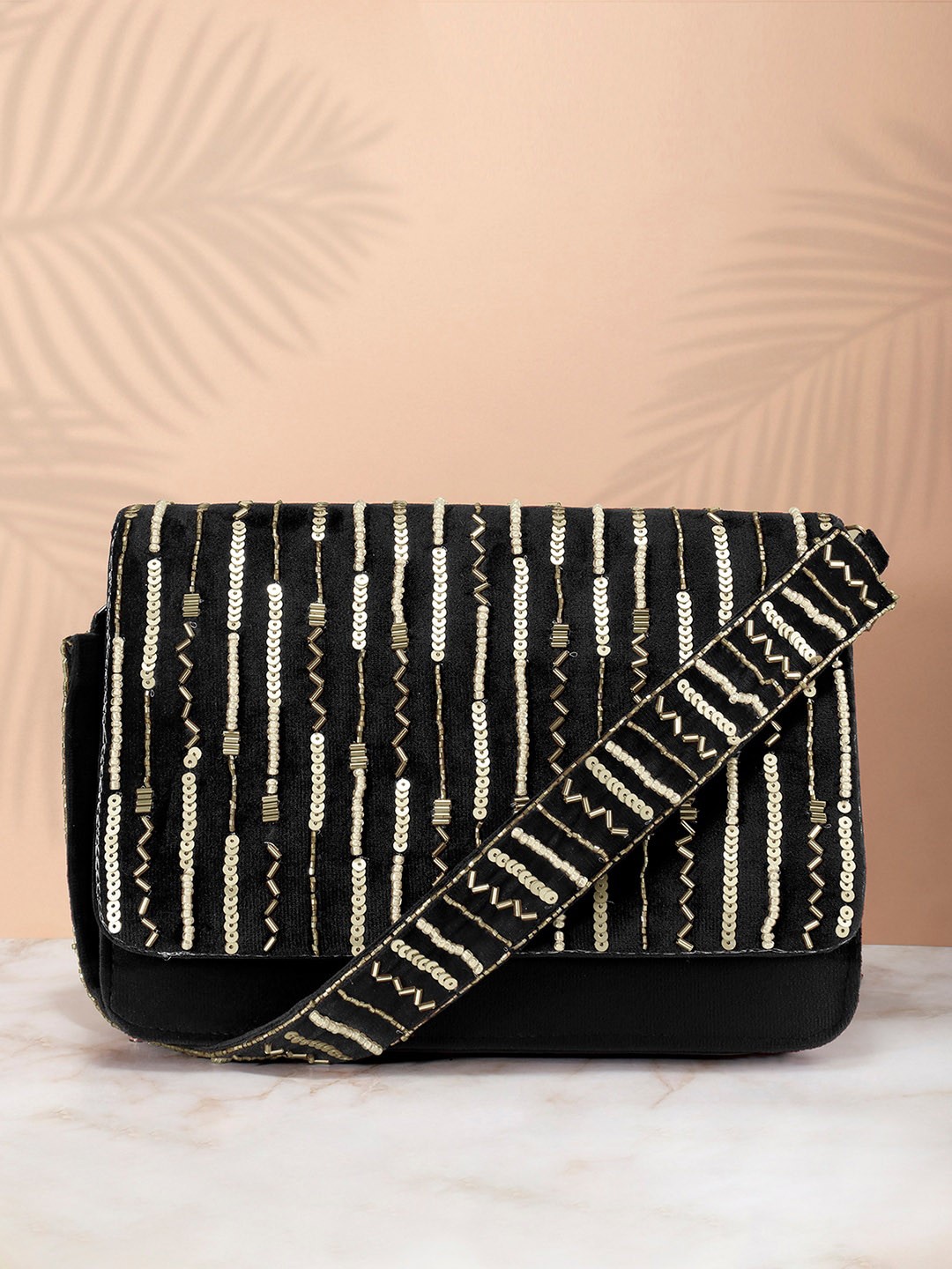 

Peora Black & Gold-Toned Embellished Purse Clutch