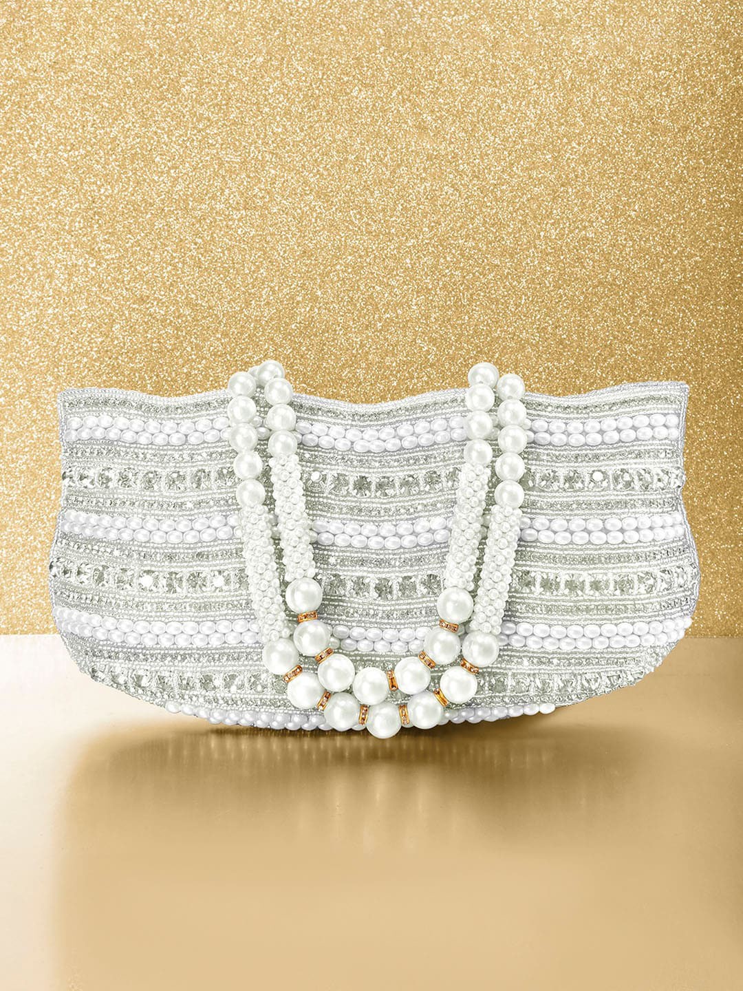 

Peora Silver-Toned & White Embellished Potli Clutch