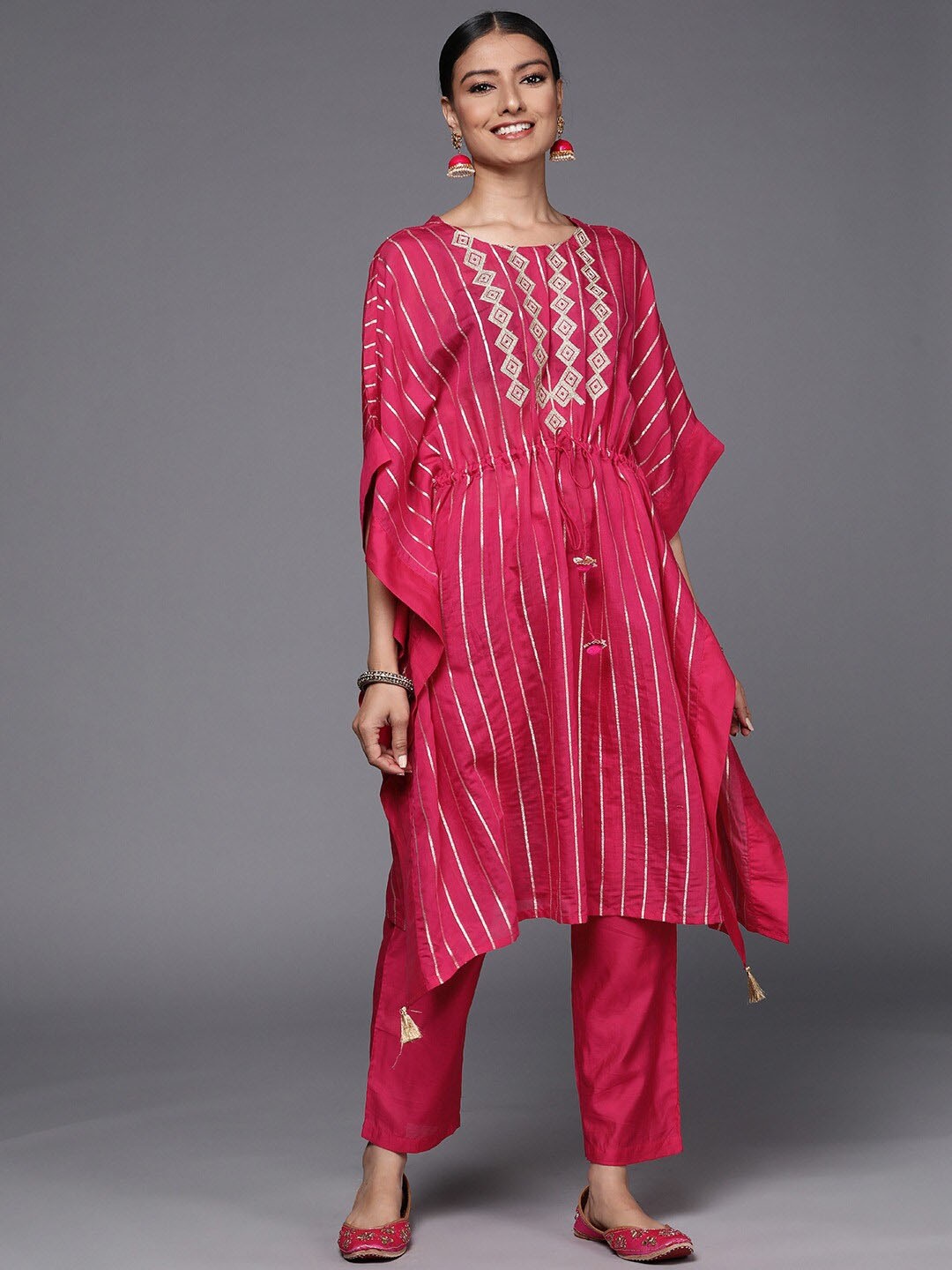 

Varanga Women Pink Embroidered Chanderi Silk Kurta with Trousers