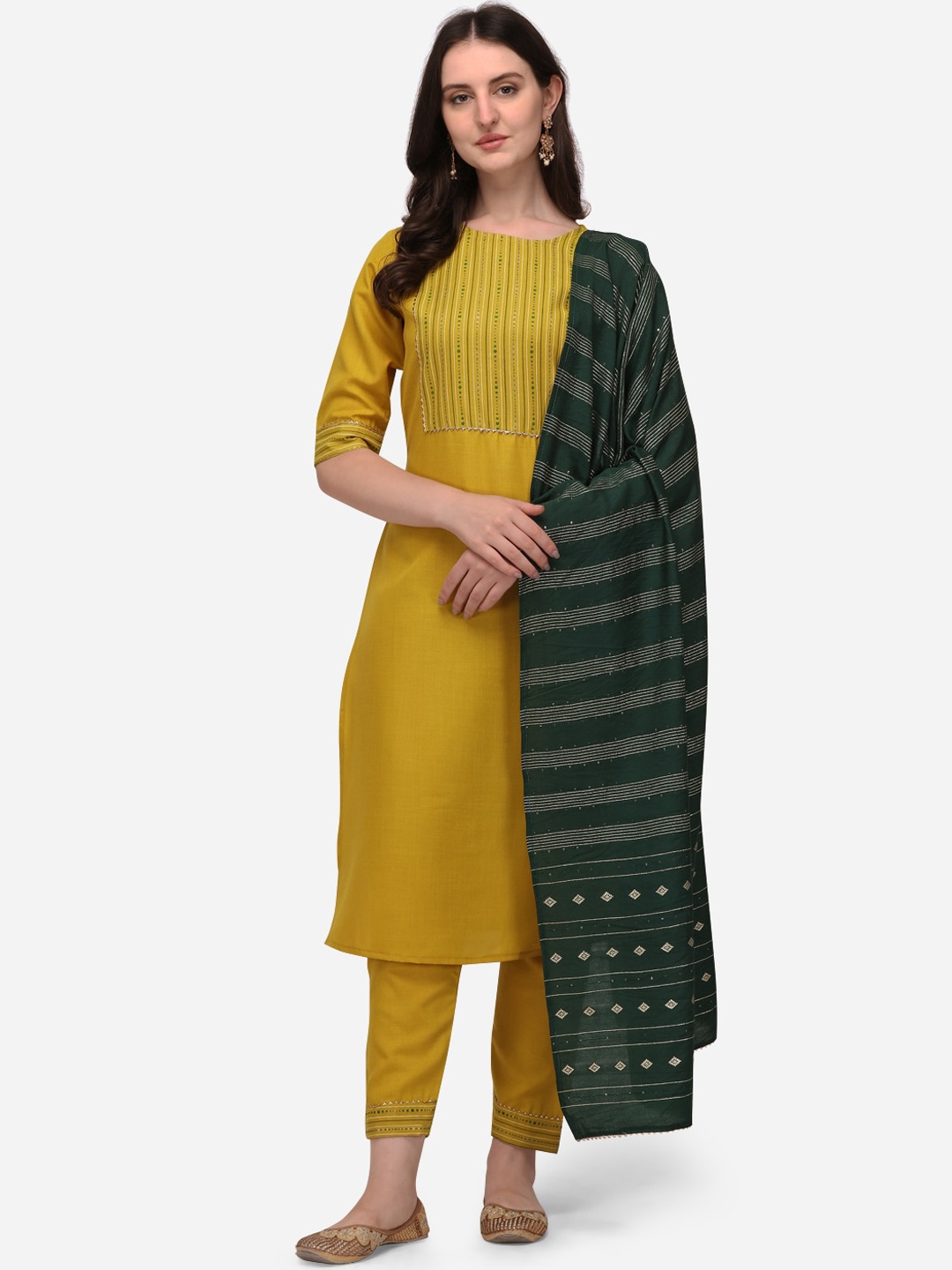 

CLOTHING JUNCTION Women Yellow Embroidered Kurti With Trousers & Dupatta