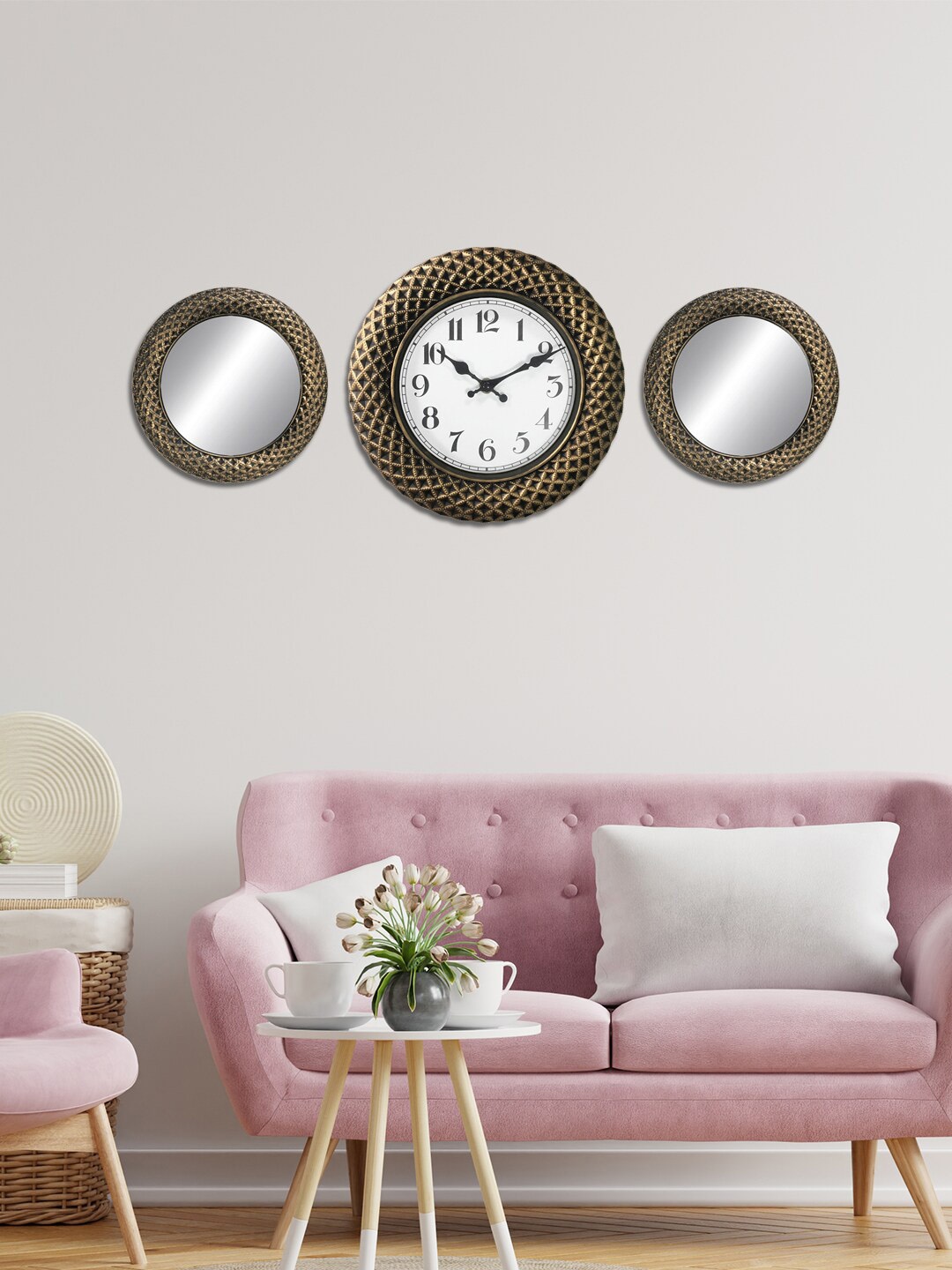

HomeTown Set Of 3 Gold-Toned Textured Decorative Mirrors With Clock