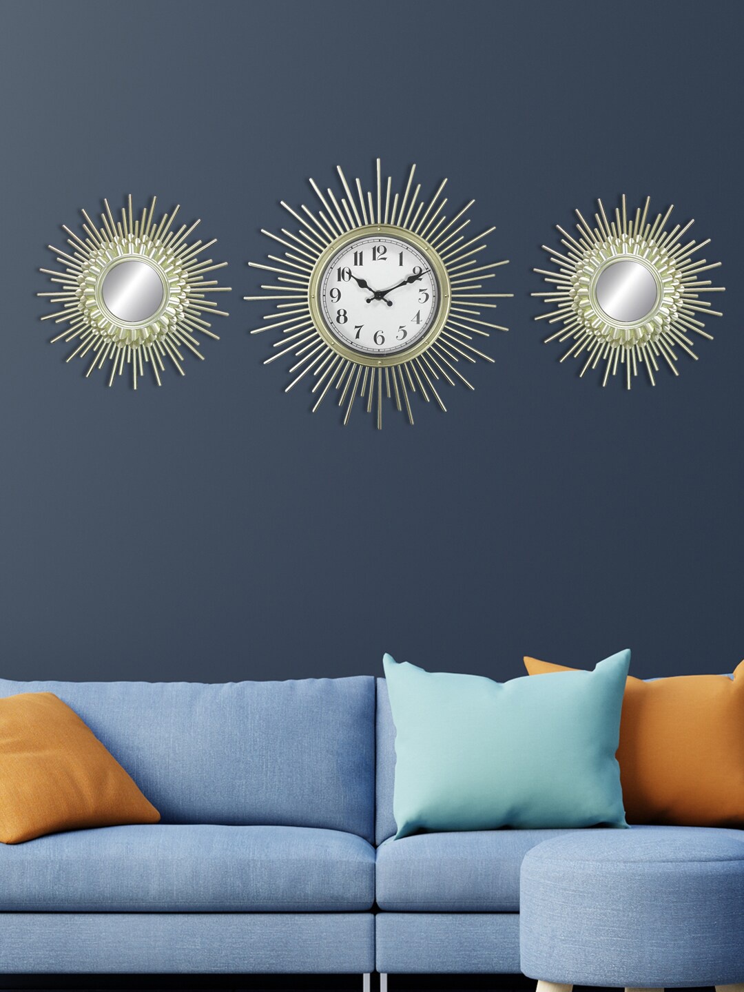 

HomeTown Set Of 3 Mirage Sunburst Decorative Mirrors With Clock, Champagne