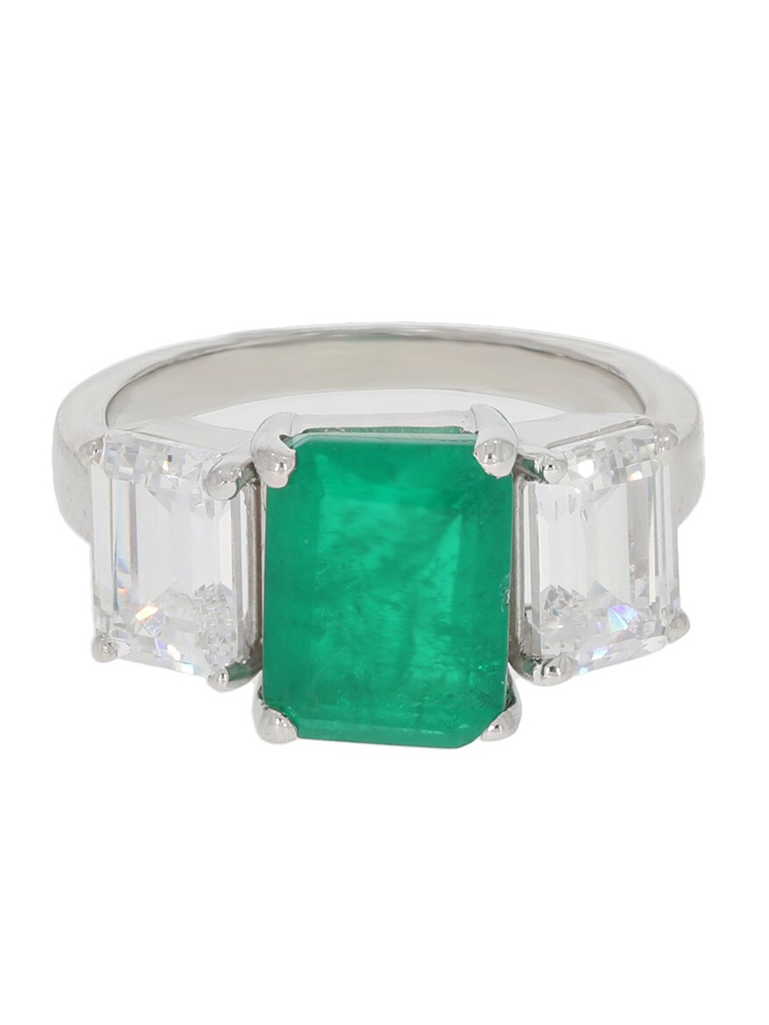 

ANAYRA 925 Sterling Silver Silver-Toned White & Green AD-Studded Finger Ring
