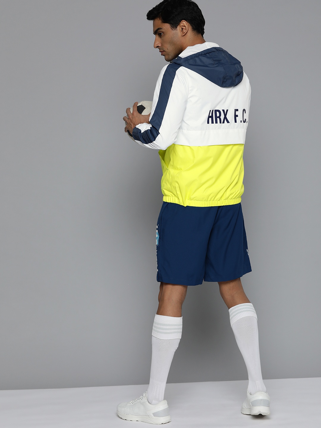 

HRX by Hrithik Roshan Men Navy Blue & White Colourblocked Football Jacket